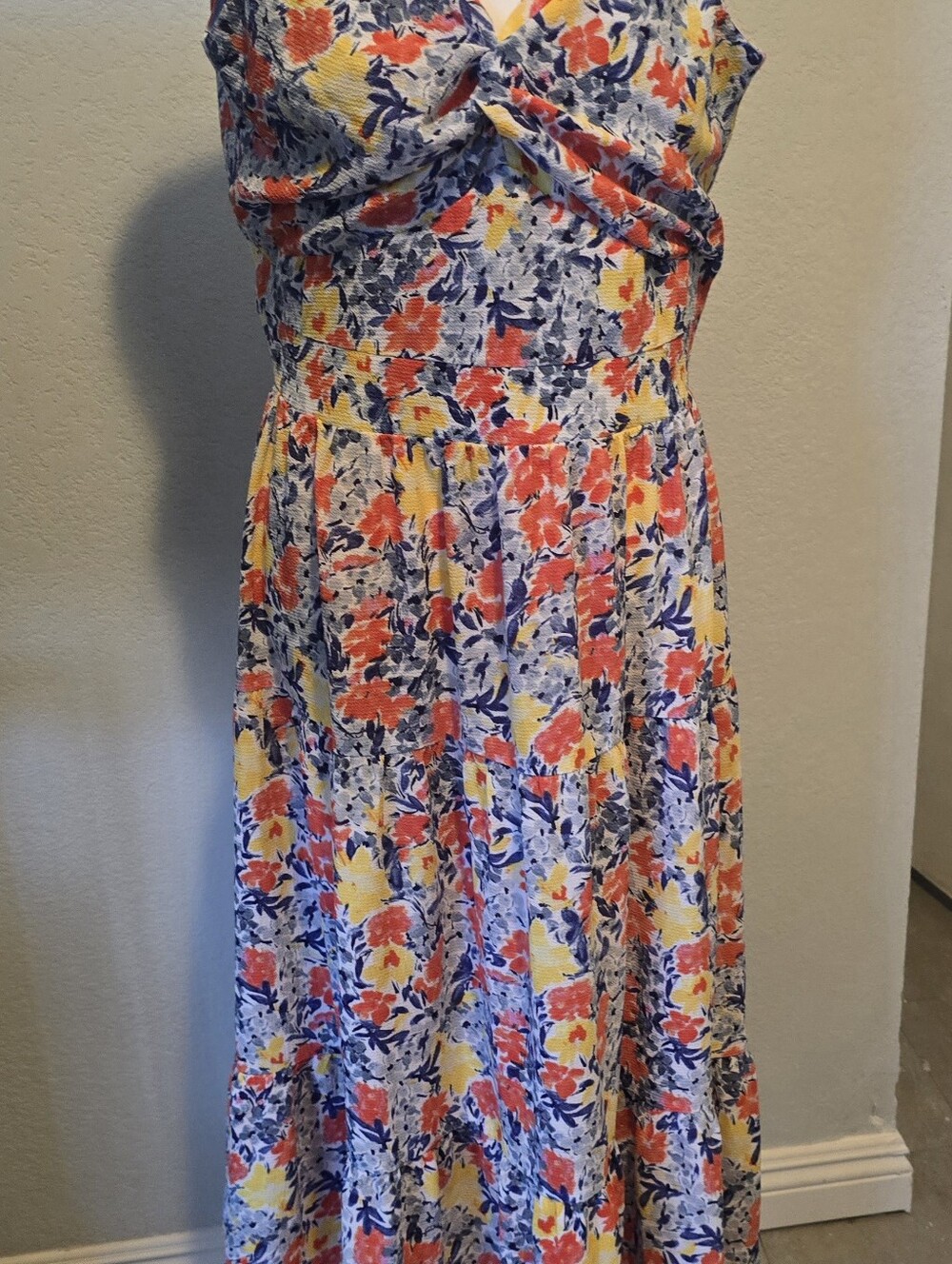 R&K Coral, Yellow & Navy Floral Sleeveless Maxi Dress